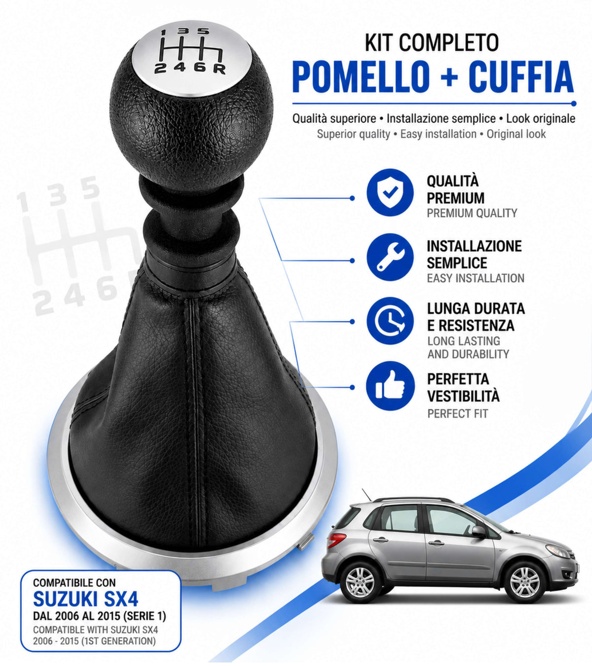 Kit  Compatibile con Suzuki SX4 2006-2015 Serie 1 con Pomello Leva Cambio 6 Marce, Cuffia, Cornice Grigio Argento Opaco e Ghiera di Ritenzione