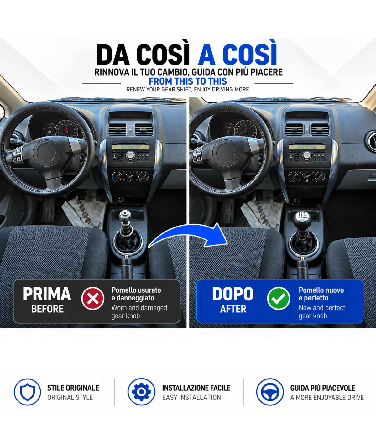 Kit  Compatibile con Suzuki SX4 2006-2015 Serie 1 con Pomello Leva Cambio 6 Marce, Cuffia, Cornice Grigio Argento Opaco e Ghiera di Ritenzione