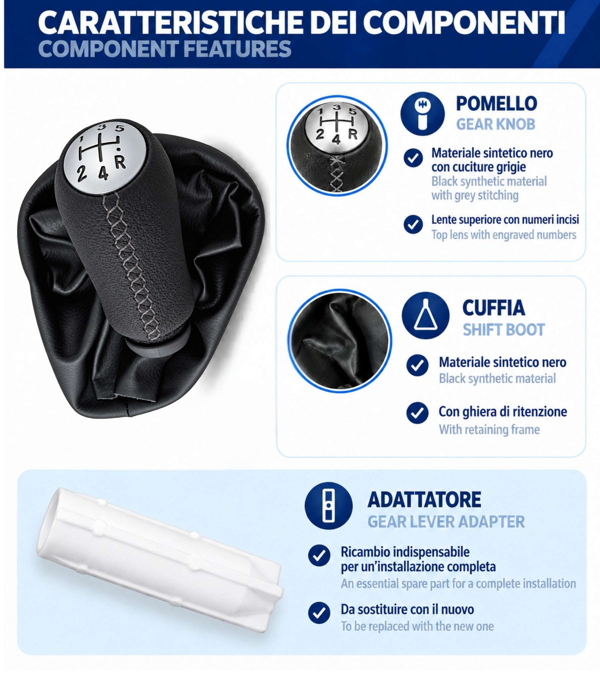Kit Leva Cambio con Pomello Cuciture Grigie 5 Marce, Cuffia, Ghiera, Adattatore, Compatibile con Dacia Logan MCV II 2013–2022, Sandero II 2012-2021