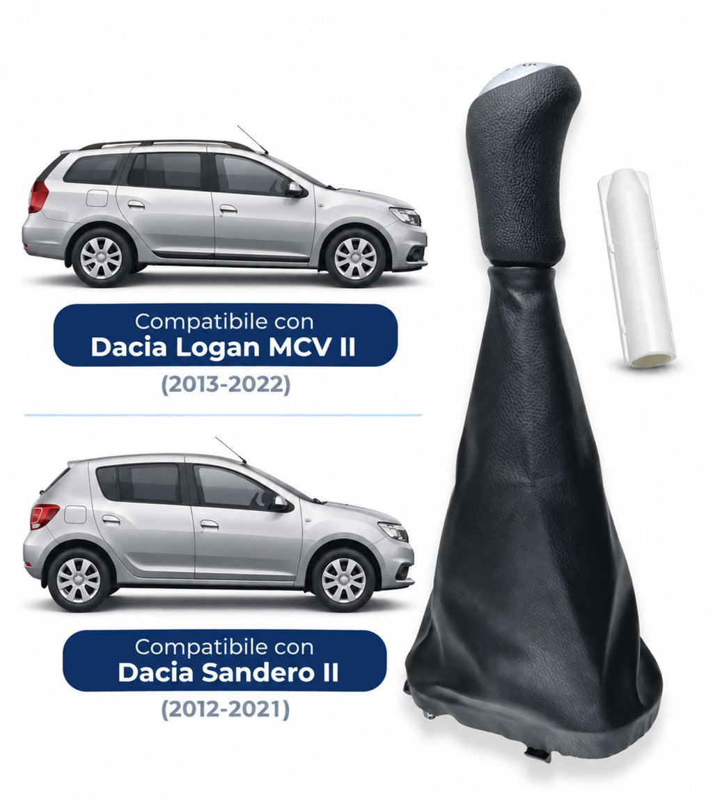 Kit Leva Cambio con Pomello Cuciture Grigie 5 Marce, Cuffia, Ghiera, Adattatore, Compatibile con Dacia Logan MCV II 2013–2022, Sandero II 2012-2021