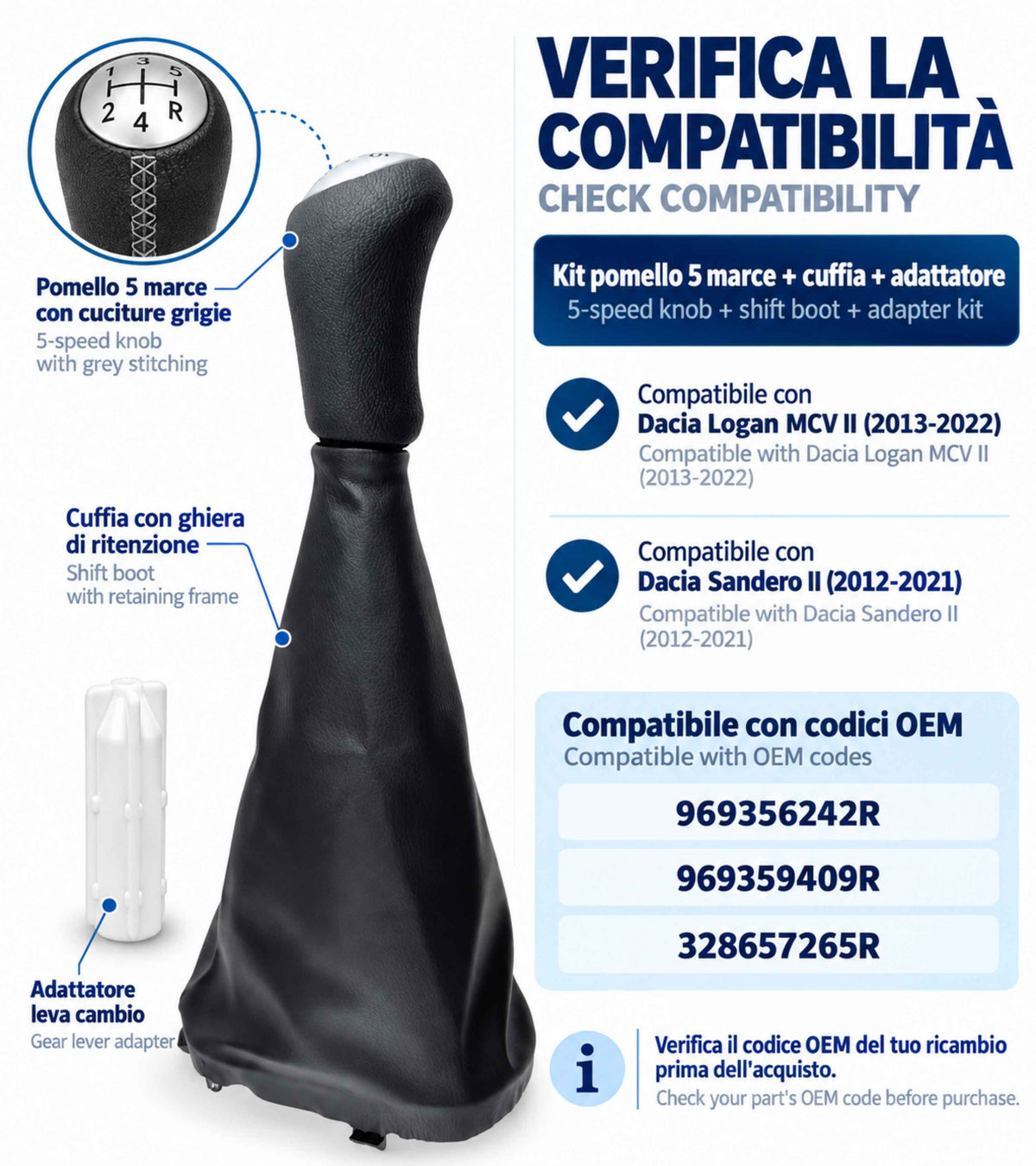 Kit Leva Cambio con Pomello Cuciture Grigie 5 Marce, Cuffia, Ghiera, Adattatore, Compatibile con Dacia Logan MCV II 2013–2022, Sandero II 2012-2021