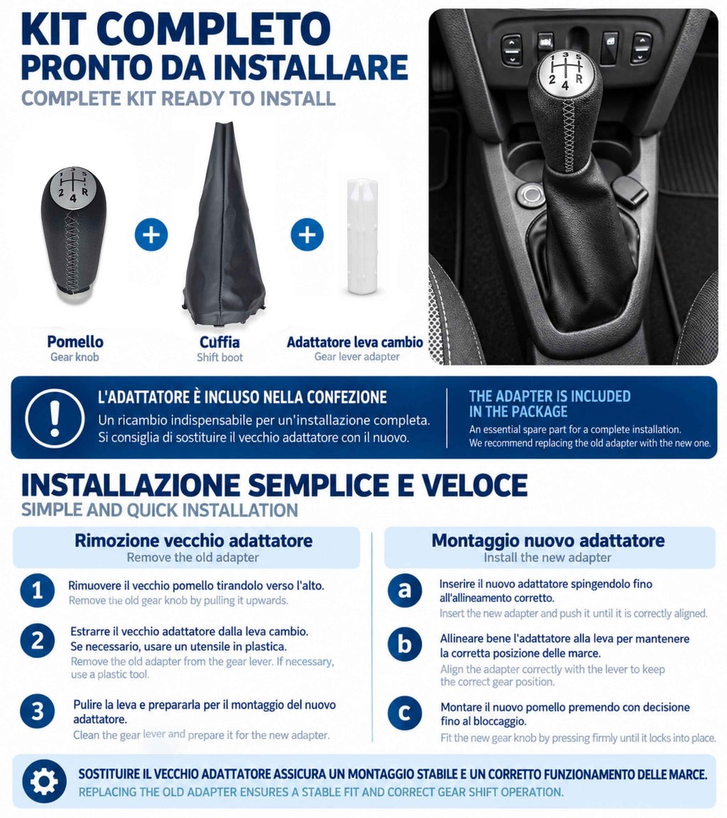 Kit Leva Cambio con Pomello Cuciture Grigie 5 Marce, Cuffia, Ghiera, Adattatore, Compatibile con Dacia Logan MCV II 2013–2022, Sandero II 2012-2021
