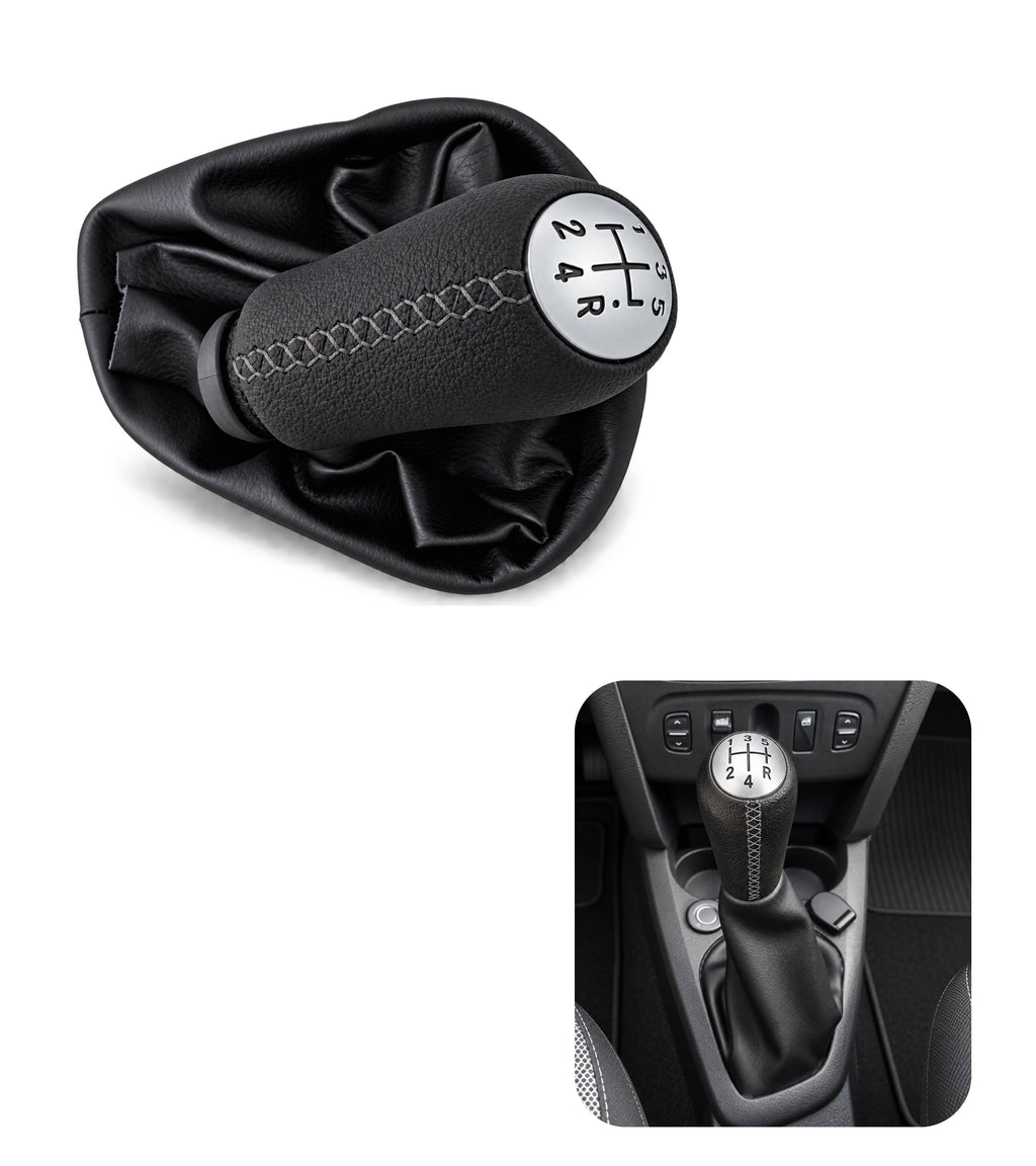 Kit Leva Cambio con Pomello Cuciture Grigie 5 Marce, Cuffia, Ghiera, Adattatore, Compatibile con Dacia Logan MCV II 2013–2022, Sandero II 2012-2021