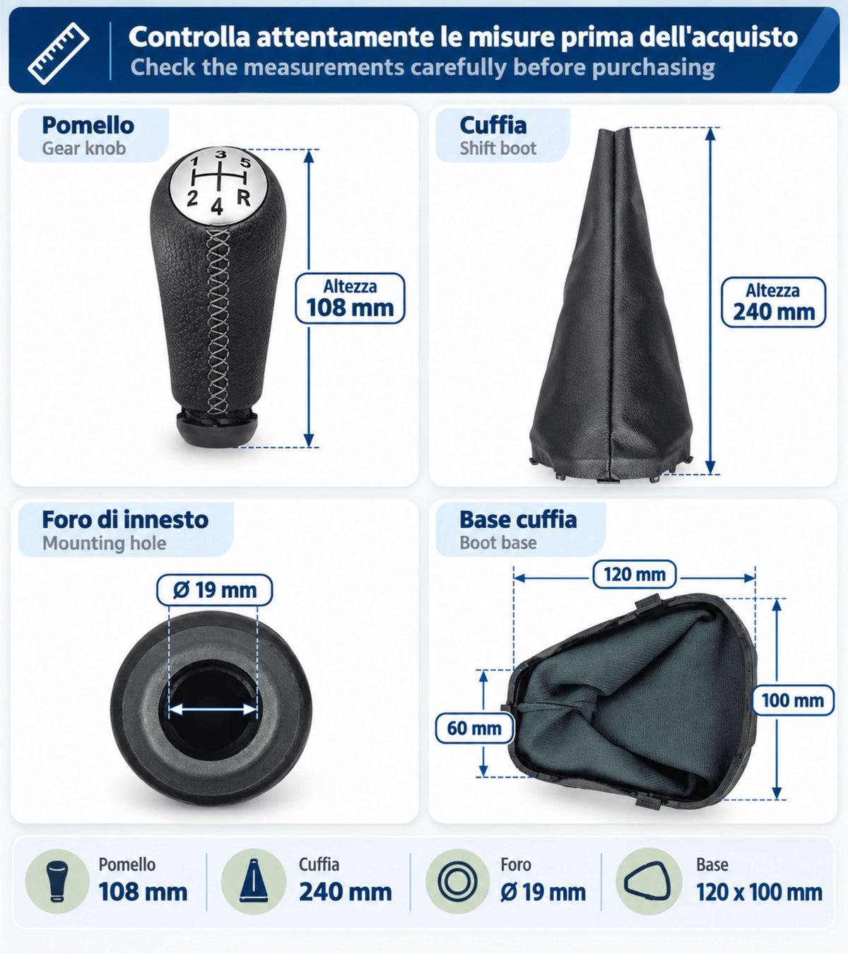 Kit Leva Cambio con Pomello Cuciture Grigie 5 Marce, Cuffia, Ghiera, Adattatore, Compatibile con Dacia Logan MCV II 2013–2022, Sandero II 2012-2021