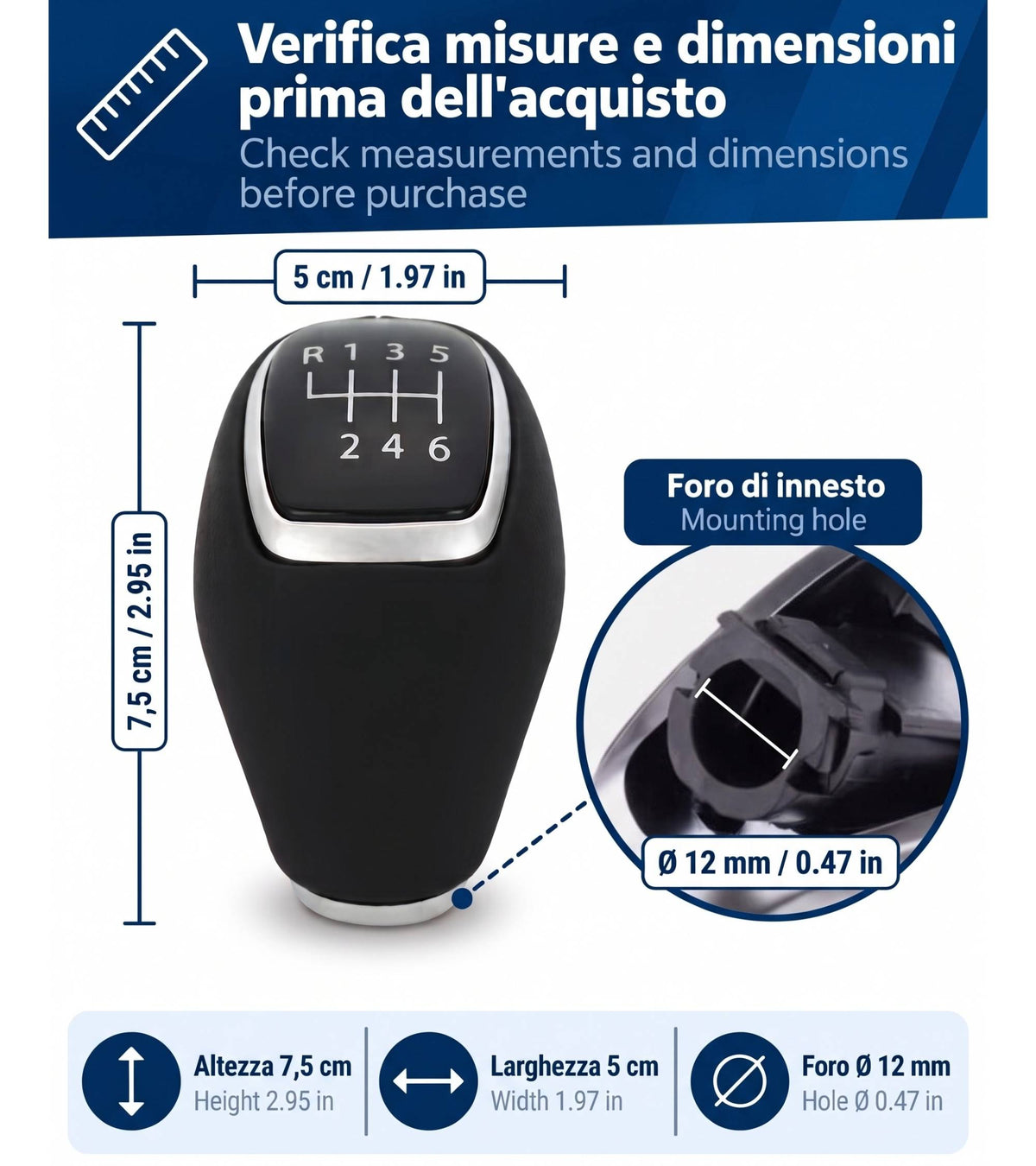 Pomello Leva Cambio 6 Marce Manuale Compatibile con Hyundai Tucson I20 I30 Elantra Venue, Finitura Satinata