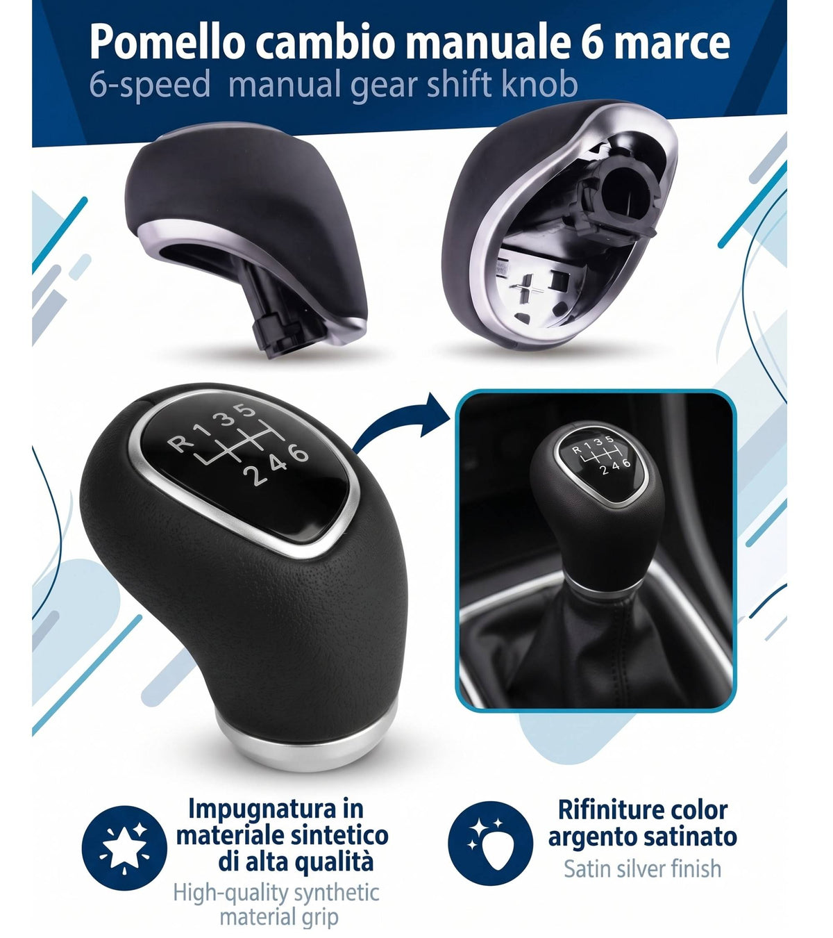 Pomello Leva Cambio 6 Marce Manuale Compatibile con Hyundai Tucson I20 I30 Elantra Venue, Finitura Satinata