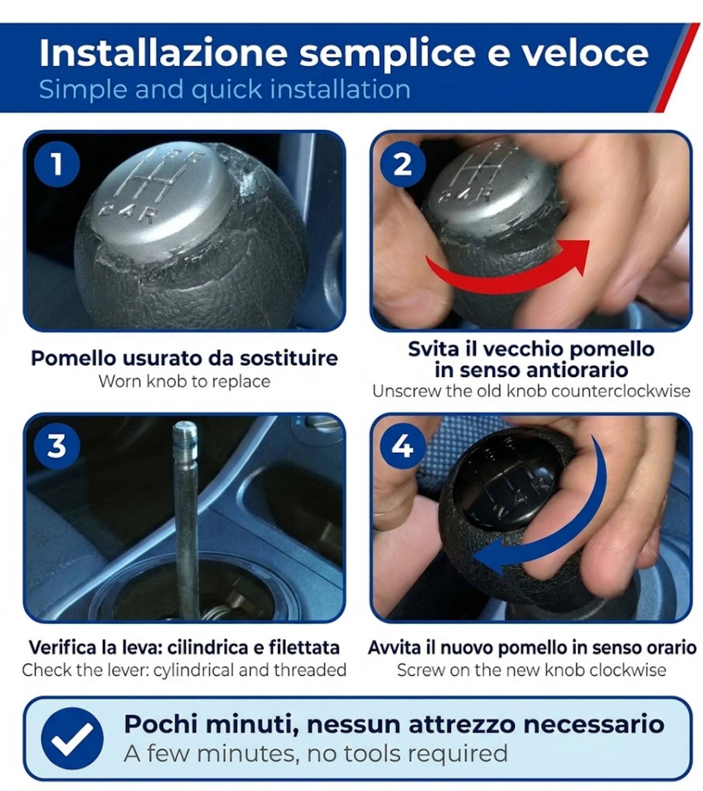Pomello Cambio 5 Marce Compatibile con Suzuki Splash EX 2008-2012 Filettato, foro con diametro 12mm, Placca Nera Lucida, solo per Leva Cilindrica