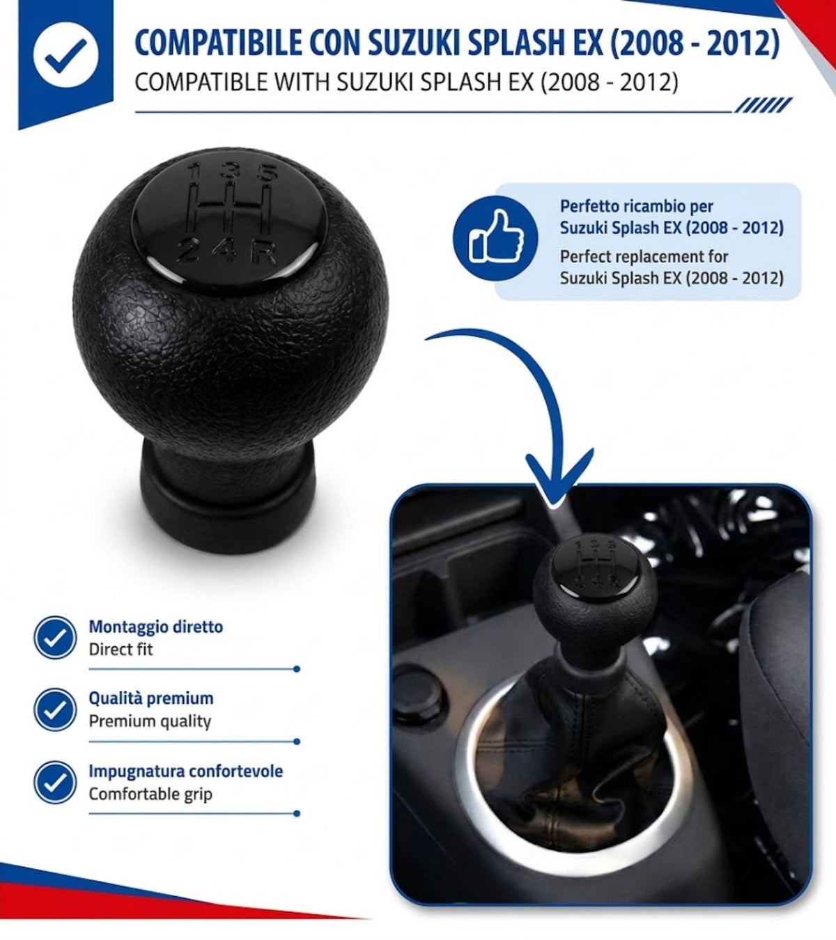 Pomello Cambio 5 Marce Compatibile con Suzuki Splash EX 2008-2012 Filettato, foro con diametro 12mm, Placca Nera Lucida, solo per Leva Cilindrica