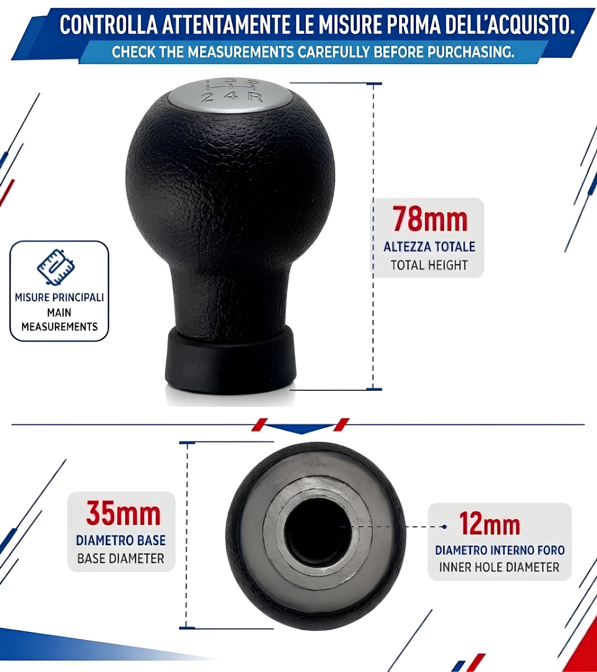 Pomello Cambio 5 Marce Compatibile con Suzuki Splash EX 2008-2012 Filettato, foro con diametro 12mm Placca Grigia solo per Leva Cilindrica