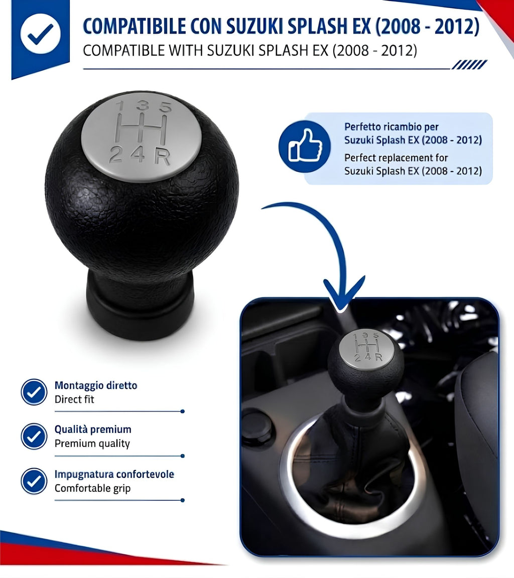 Pomello Cambio 5 Marce Compatibile con Suzuki Splash EX 2008-2012 Filettato, foro con diametro 12mm Placca Grigia solo per Leva Cilindrica