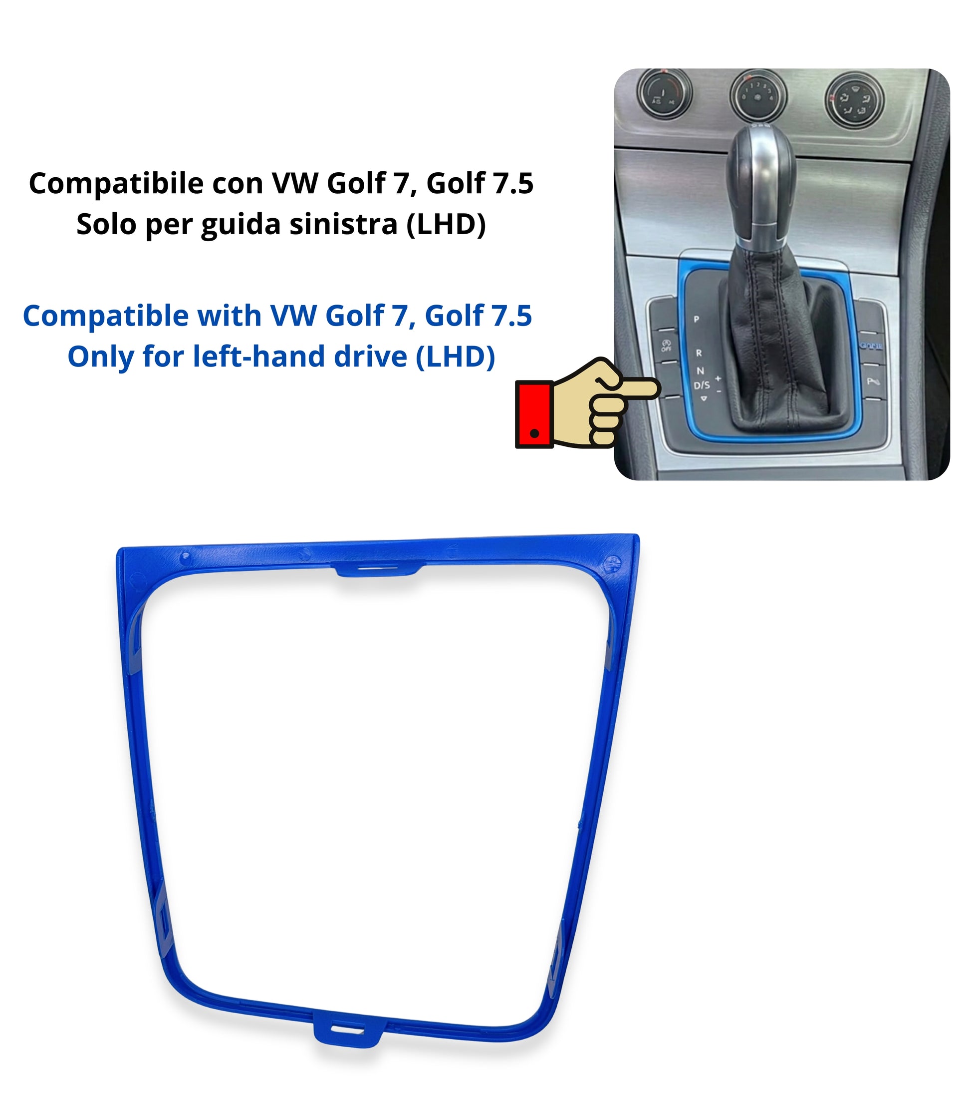 Cornice per Cuffia Leva Cambio Automatico, Colore Blu Lucido, Compatibile con Volkswagen Golf 7 e Golf 7.5 (VII) 2012-2020, Solo Guida a Sinistra (LHD)