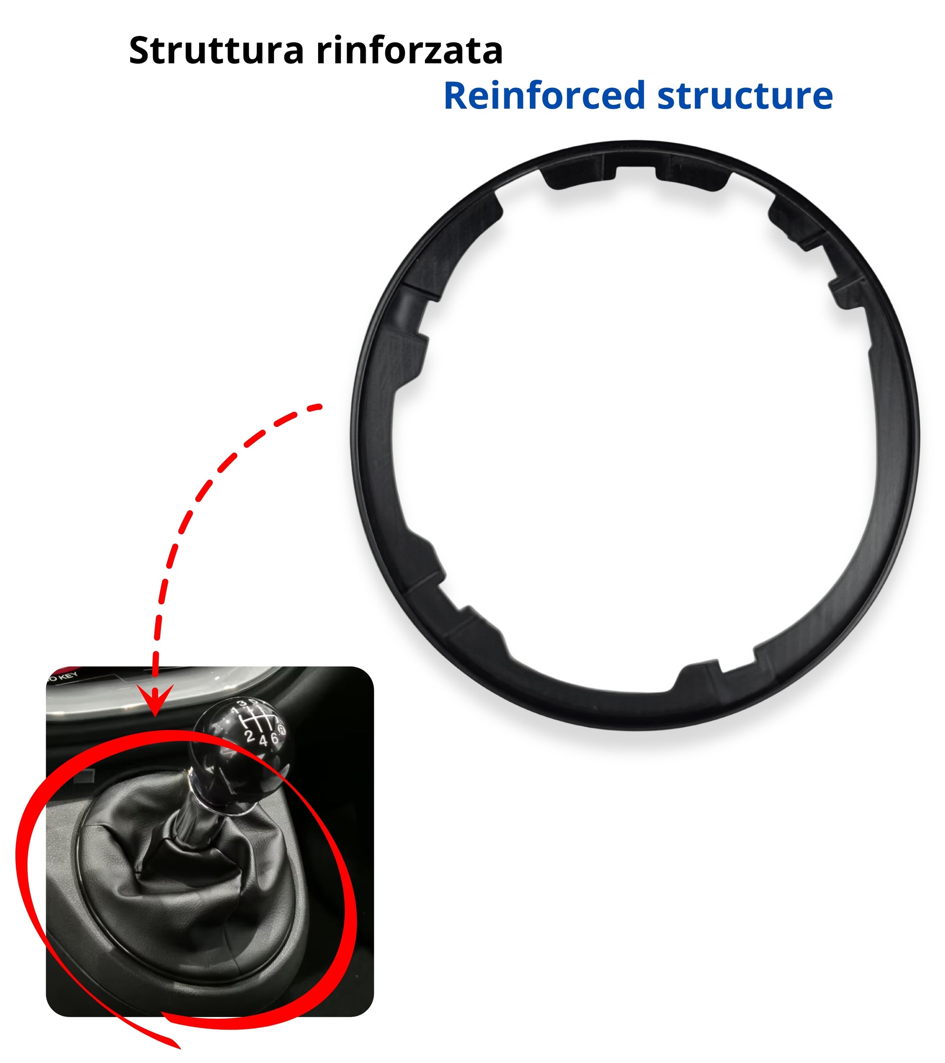Cornice Esterna per Cuffia Leva Cambio Nero Lucido Cromato Compatibile con Fiat 500 500C 312 dal 2007, Telaio Fissaggio Cuffia, Verifica Codici OEM