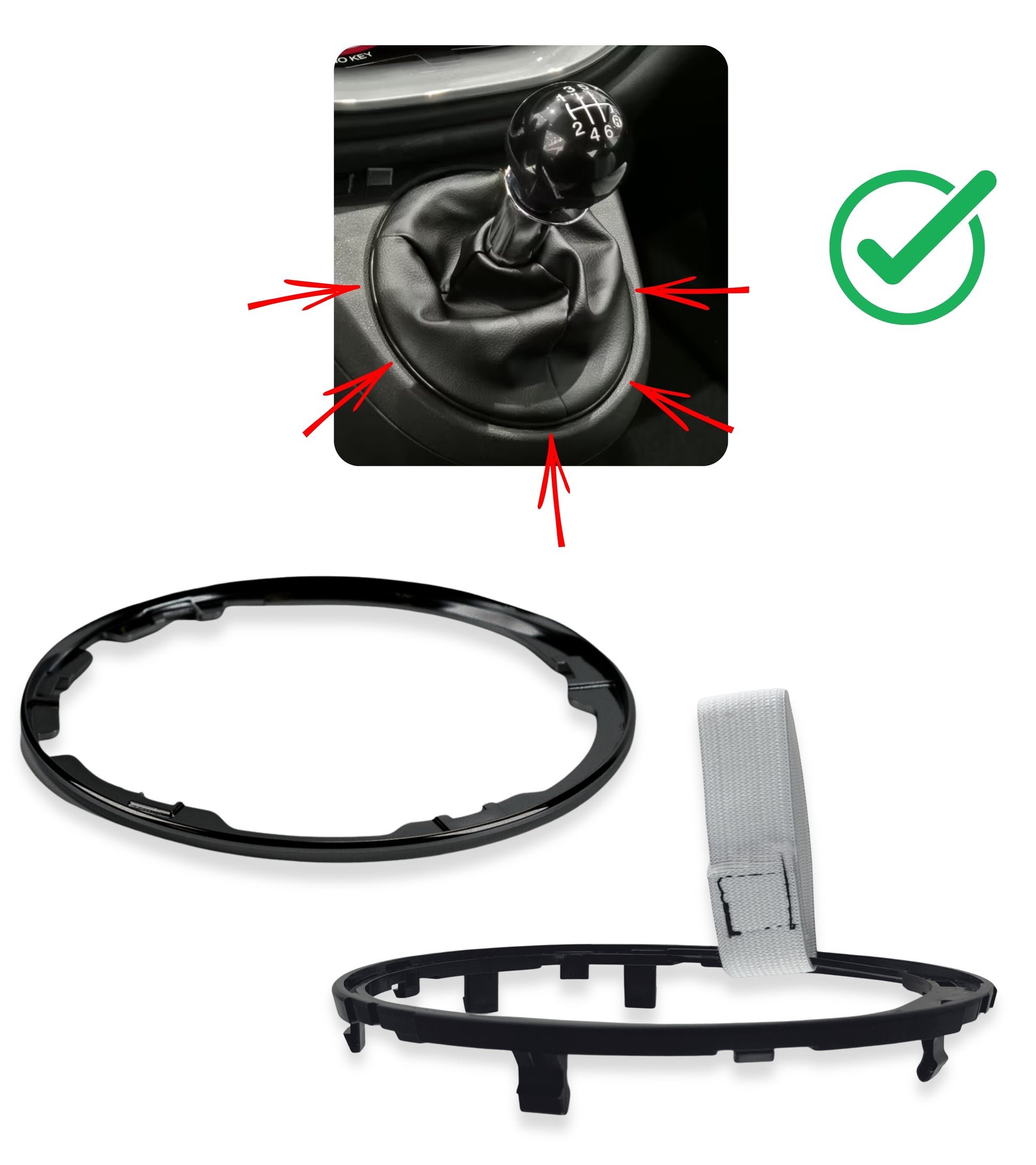 Kit Cornice Leva Cambio Nero Lucido e Ghiera di ritenzione Compatibile con Fiat 500 312, 500C dal 2007, per OEM 50295851, 50295325, 55344016, 50293173