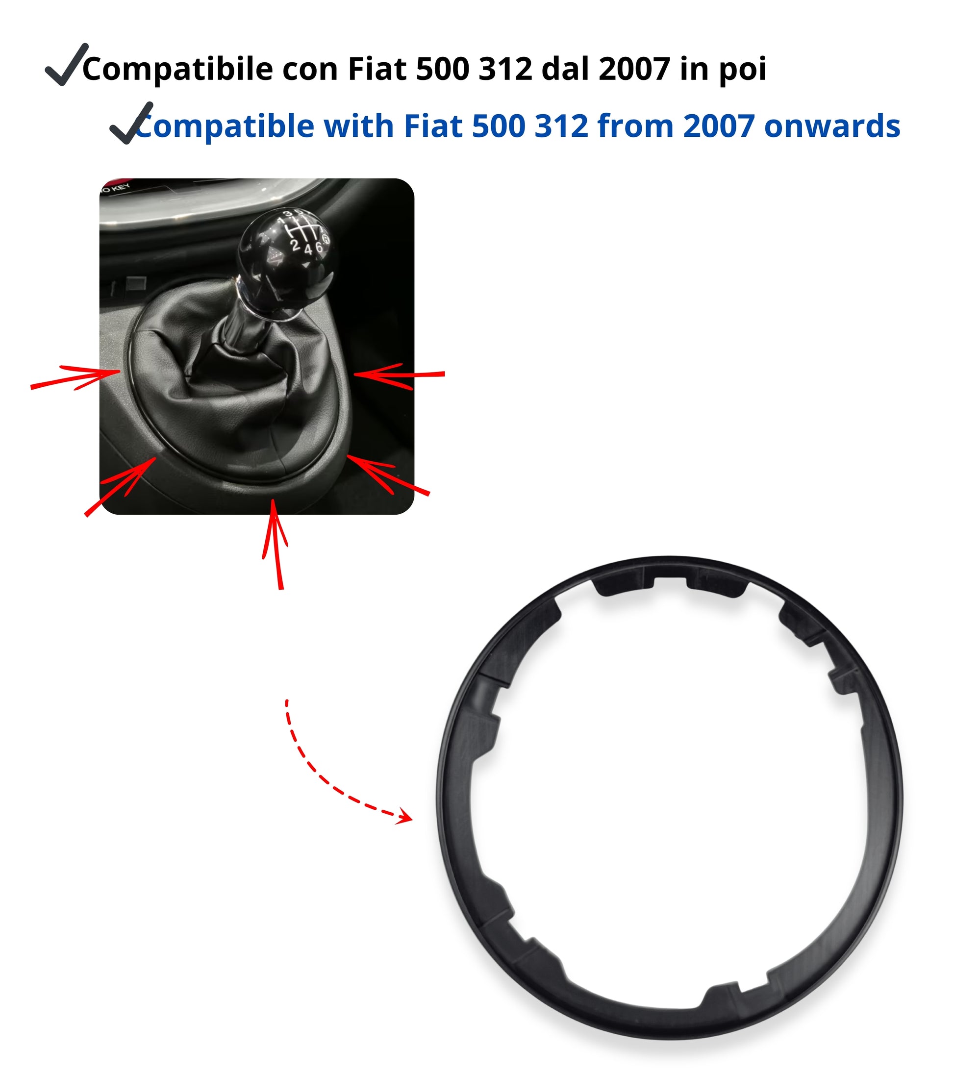 Cornice Esterna per Cuffia Leva Cambio Nero Lucido Cromato Compatibile con Fiat 500 500C 312 dal 2007, Telaio Fissaggio Cuffia, Verifica Codici OEM
