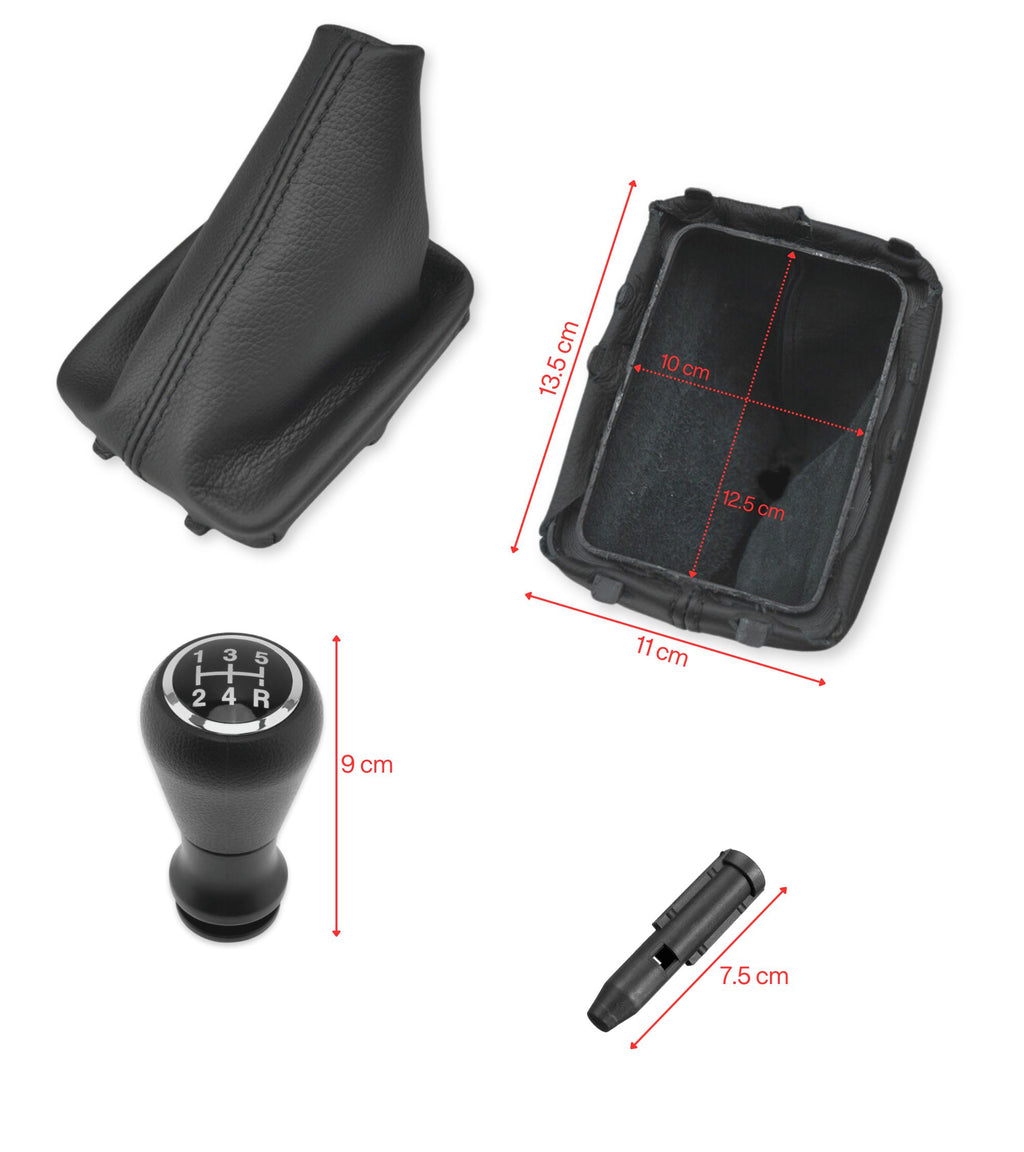 Kit per Leva Cambio Pomello Cambio 5 Marce con Cuffia Cuciture Rosse e Ghiera Compatibile con Peugeot 206 206+ 206 CC 206 SW, Retro Basso Destra