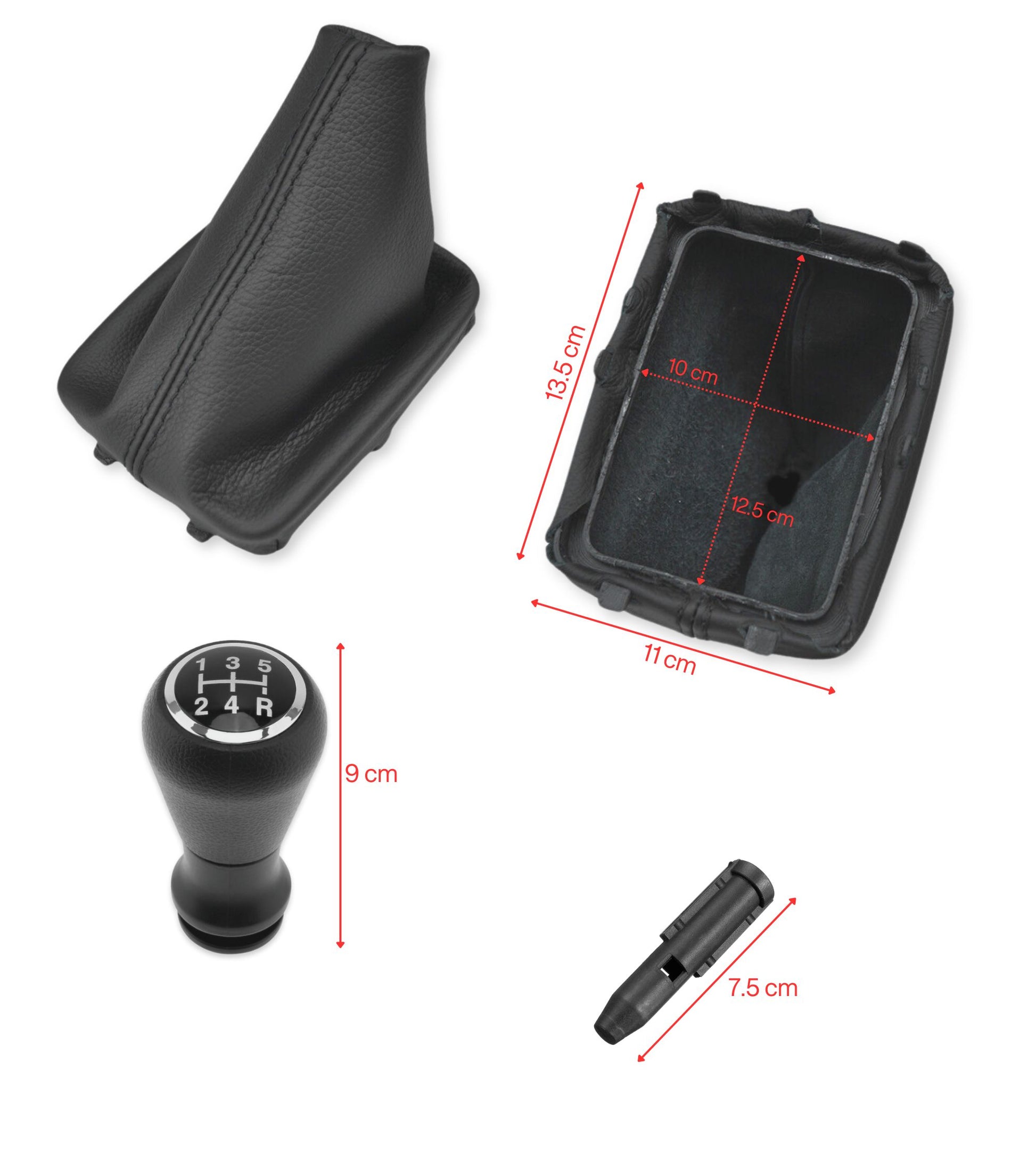 Kit per Leva Cambio Pomello Cambio 5 Marce con Cuffia Cuciture Rosse e Ghiera Compatibile con Peugeot 206 206+ 206 CC 206 SW, Retro Basso Destra