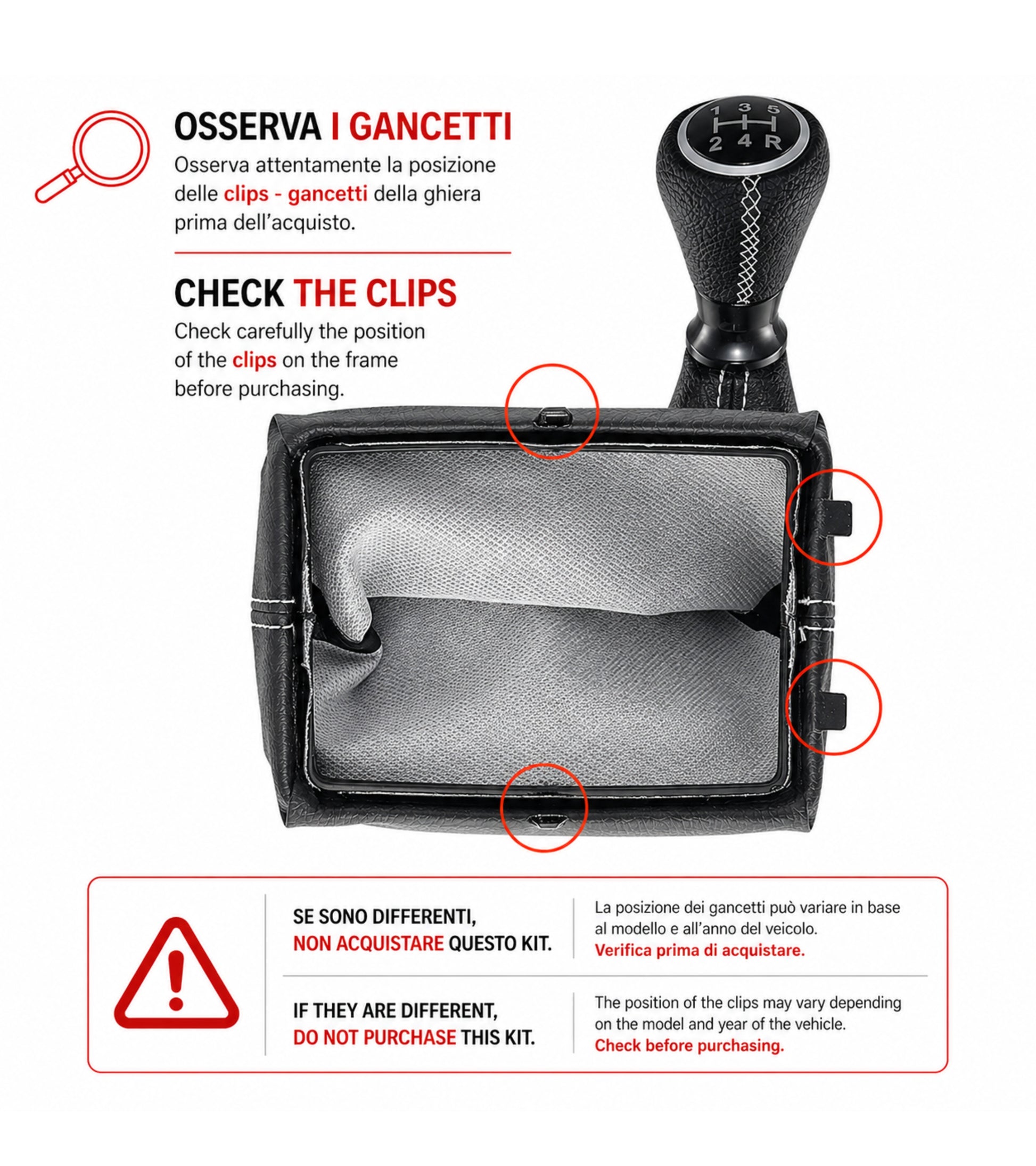 Kit per Leva Cambio Pomello Cambio 5 Marce con Cuffia Cuciture Bianche e Ghiera Compatibile con Peugeot 206 206+ 206 CC 206 SW, Retro Basso Destra