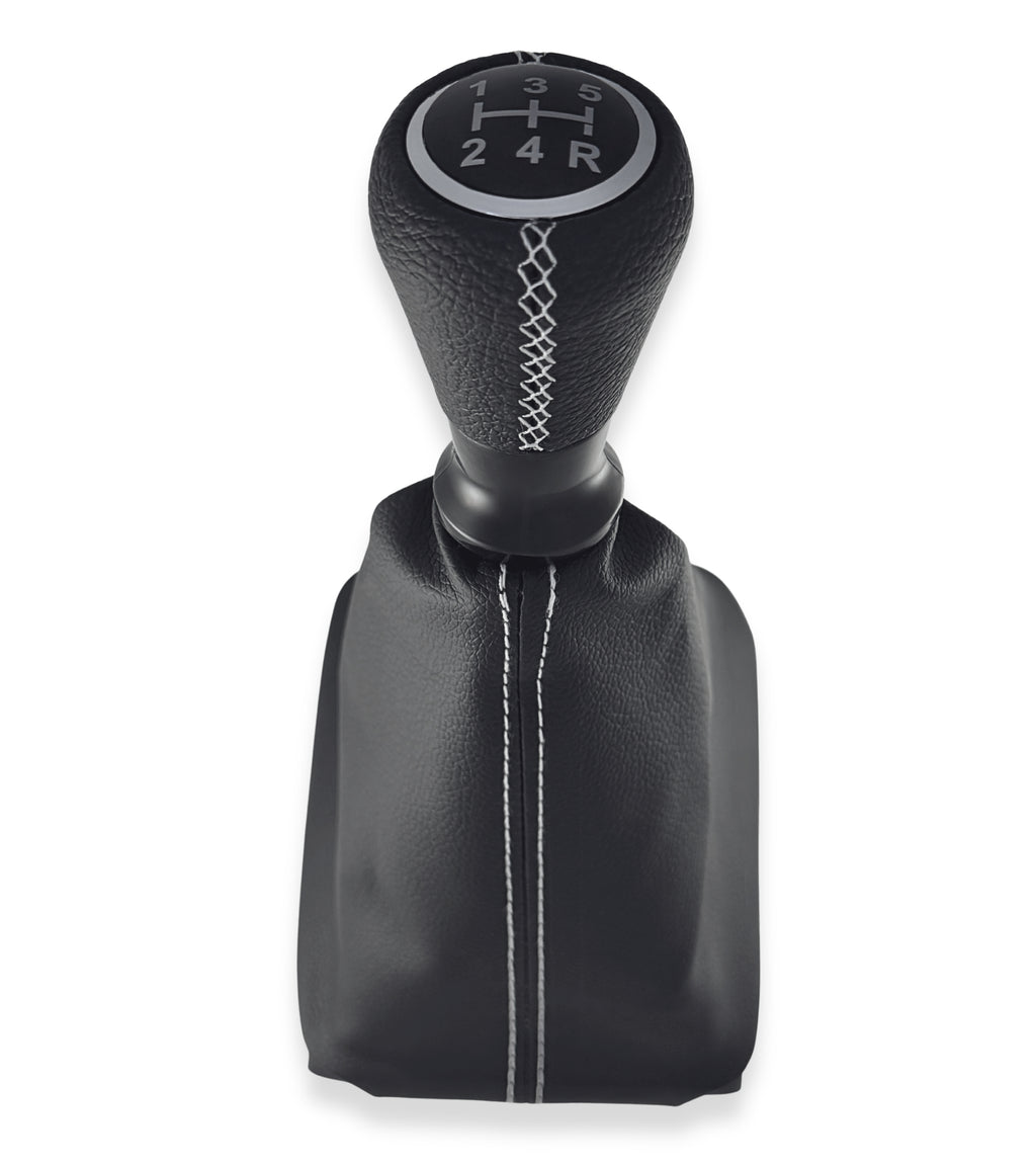Kit per Leva Cambio Pomello Cambio 5 Marce con Cuffia Cuciture Bianche e Ghiera Compatibile con Peugeot 206 206+ 206 CC 206 SW, Retro Basso Destra