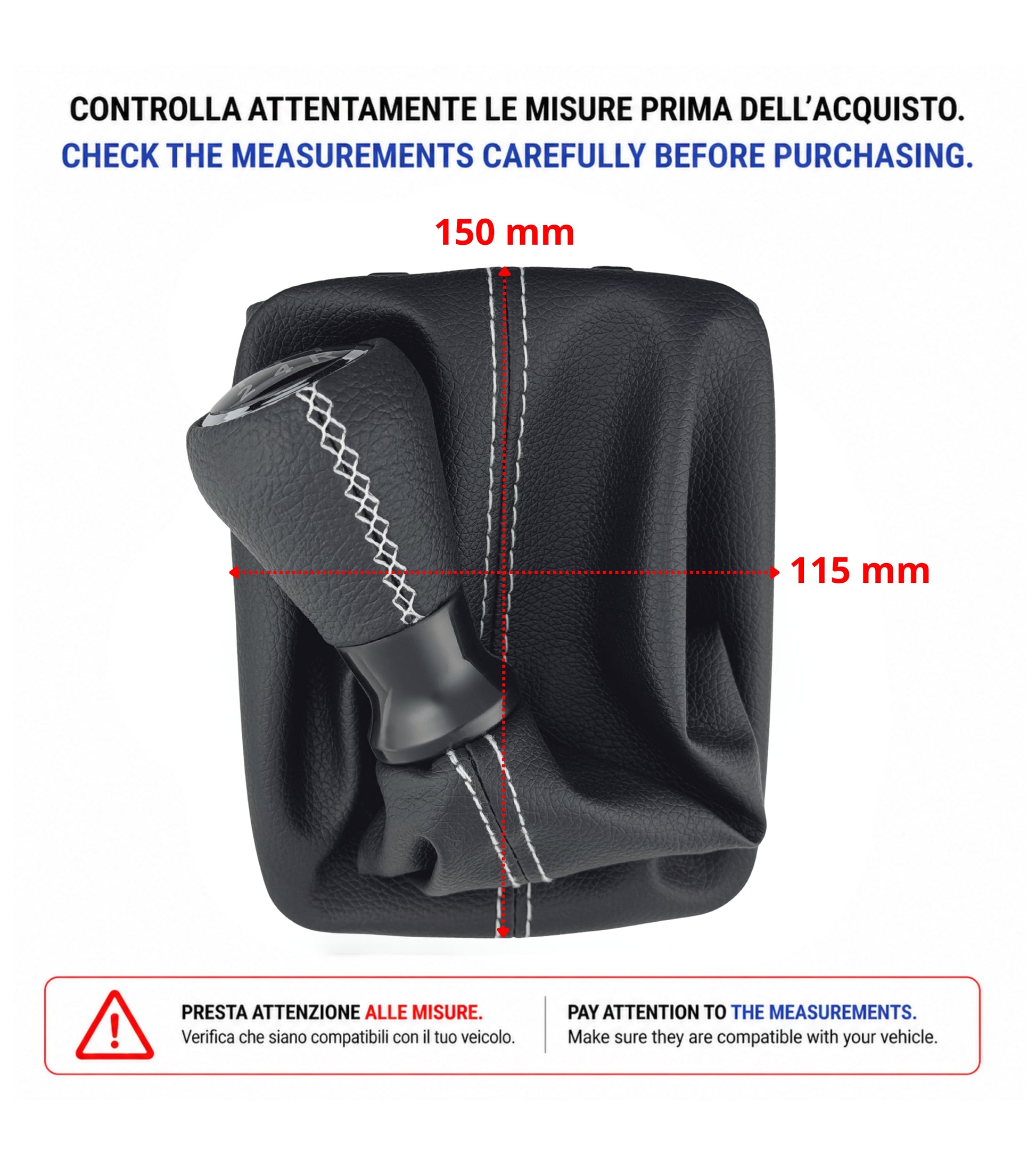 Kit per Leva Cambio Pomello Cambio 5 Marce con Cuffia Cuciture Bianche e Ghiera Compatibile con Peugeot 206 206+ 206 CC 206 SW, Retro Basso Destra