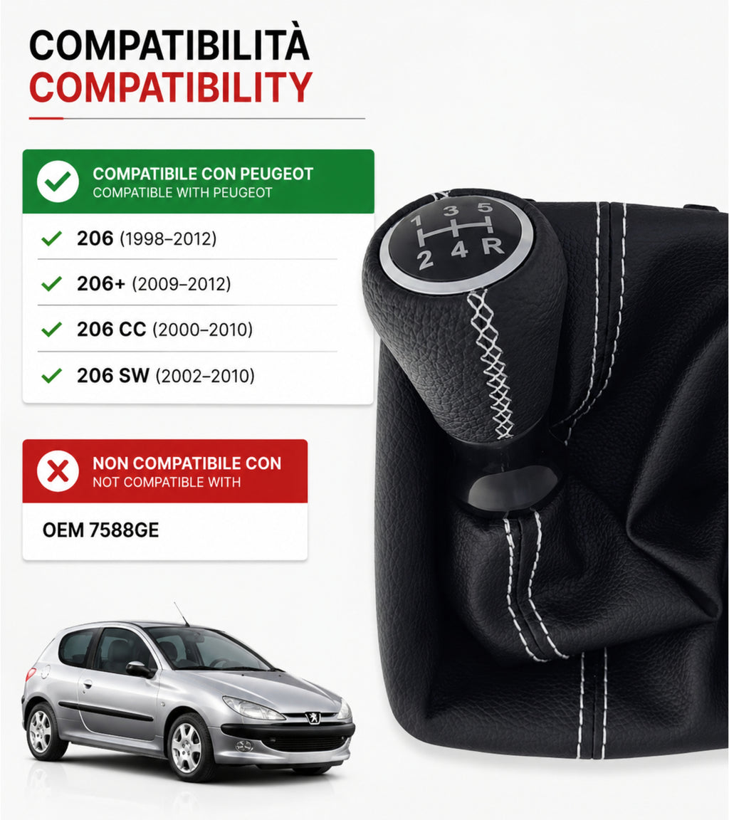 Kit per Leva Cambio Pomello Cambio 5 Marce con Cuffia Cuciture Bianche e Ghiera Compatibile con Peugeot 206 206+ 206 CC 206 SW, Retro Basso Destra
