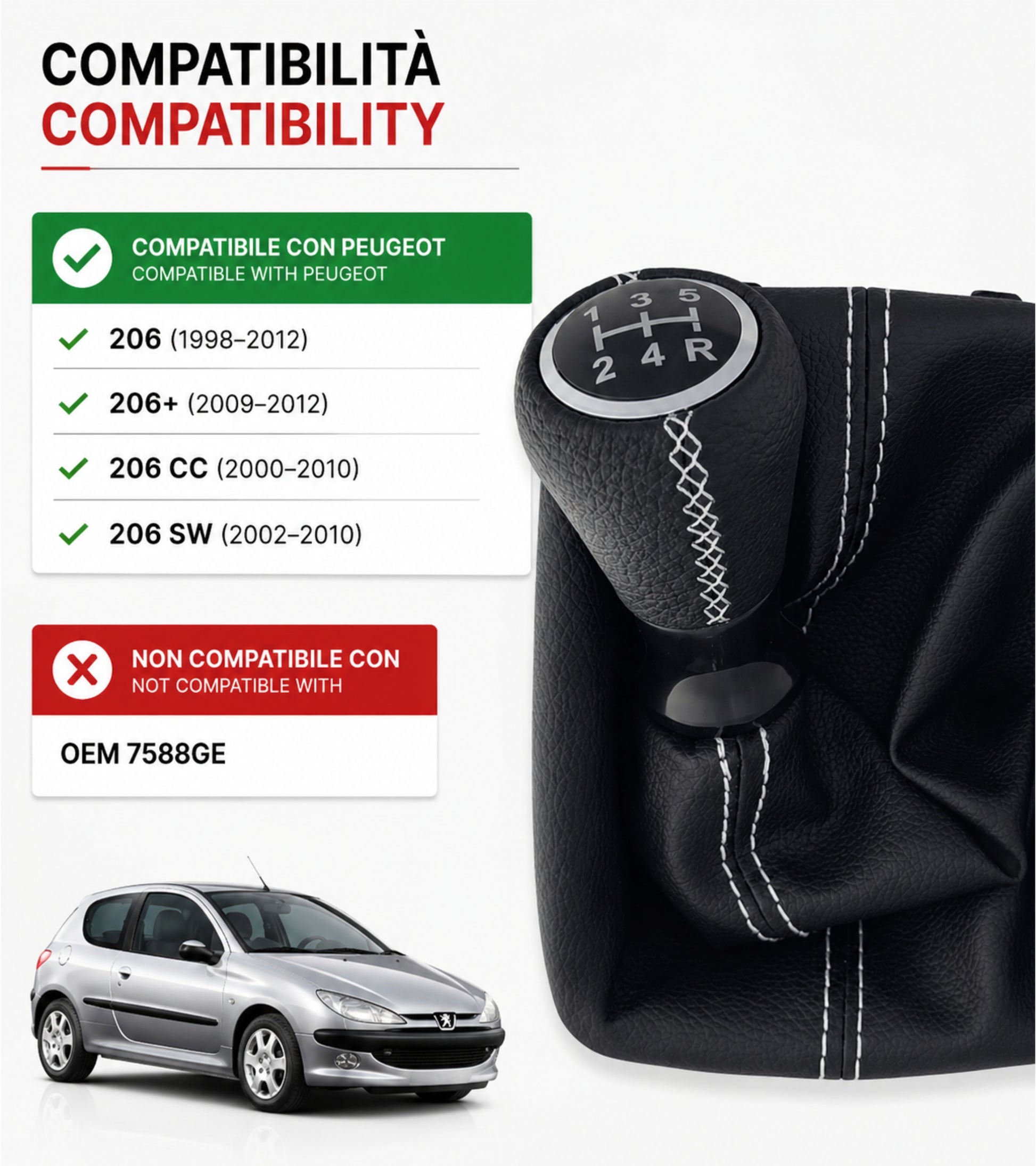 Kit per Leva Cambio Pomello Cambio 5 Marce con Cuffia Cuciture Bianche e Ghiera Compatibile con Peugeot 206 206+ 206 CC 206 SW, Retro Basso Destra