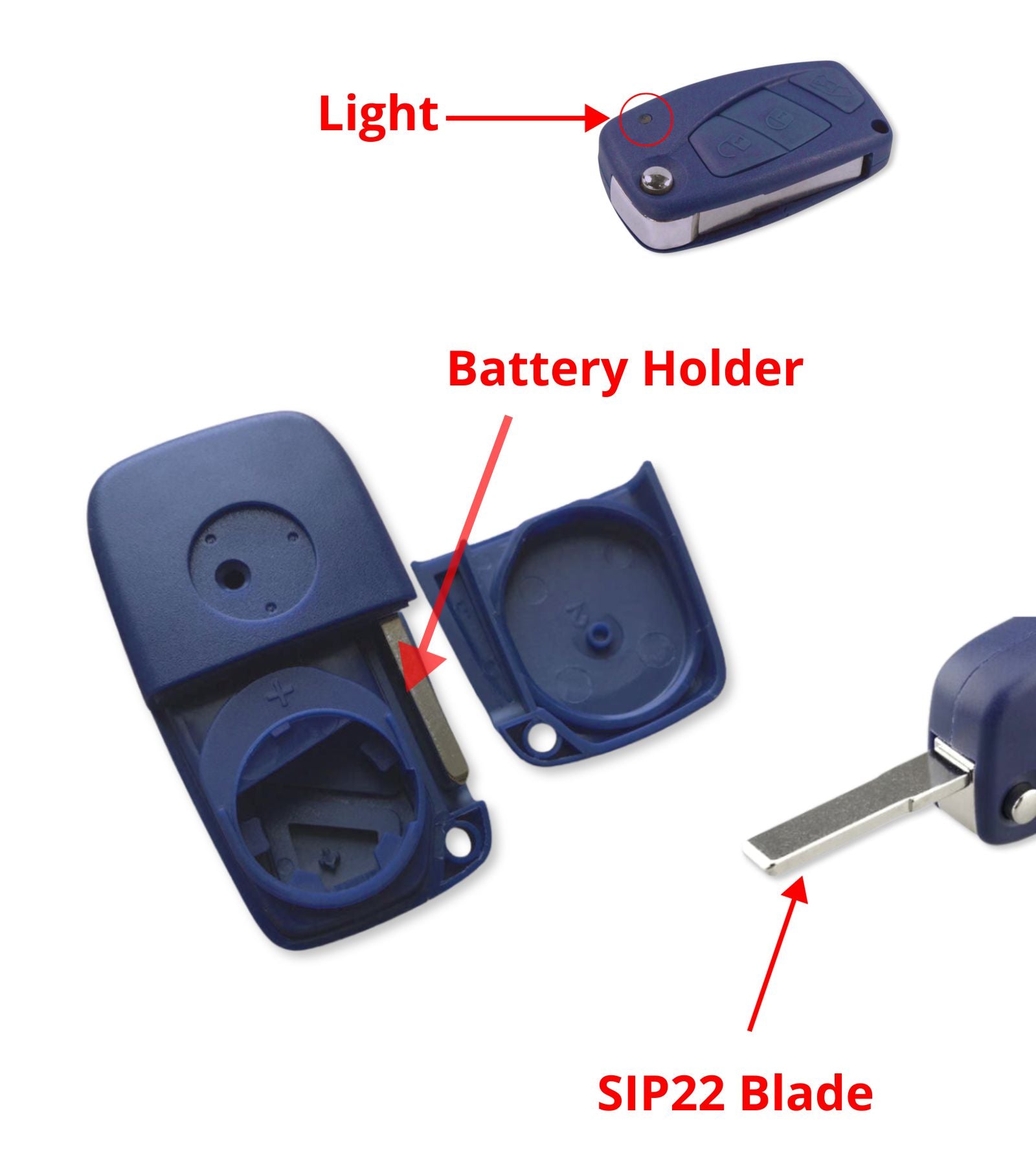 3 button key shell and blade compatible with Fiat Ducato Qubo Doblo' Scudo with SIP22 blade rear battery compartment and van symbol