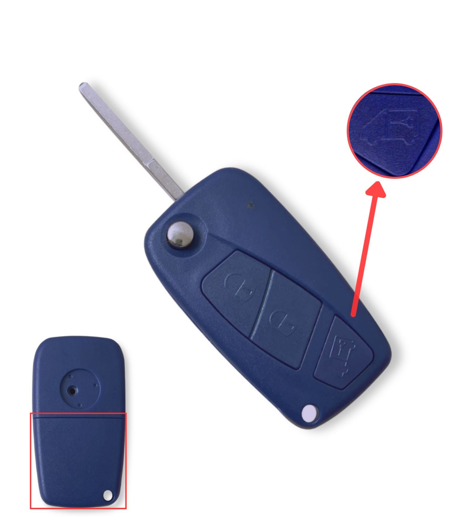 3 button key shell and blade compatible with Fiat Ducato Qubo Doblo' Scudo with SIP22 blade rear battery compartment and van symbol
