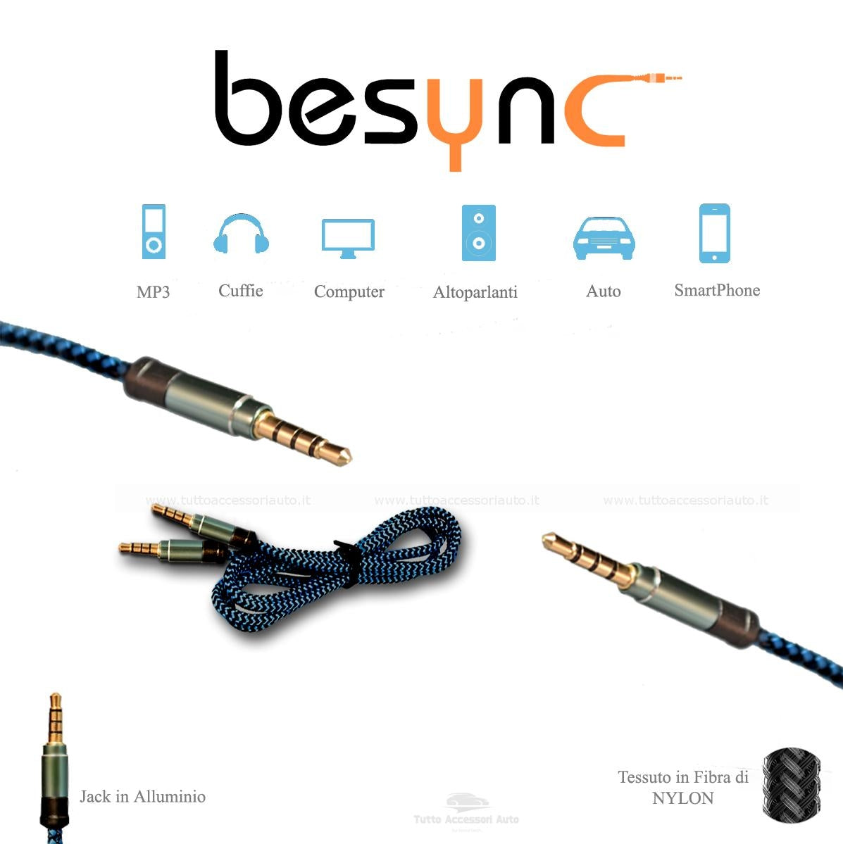 Cavo Besync Audio Stereo Aux in Jack 3,5mm in Alluminio in Nylon Blu