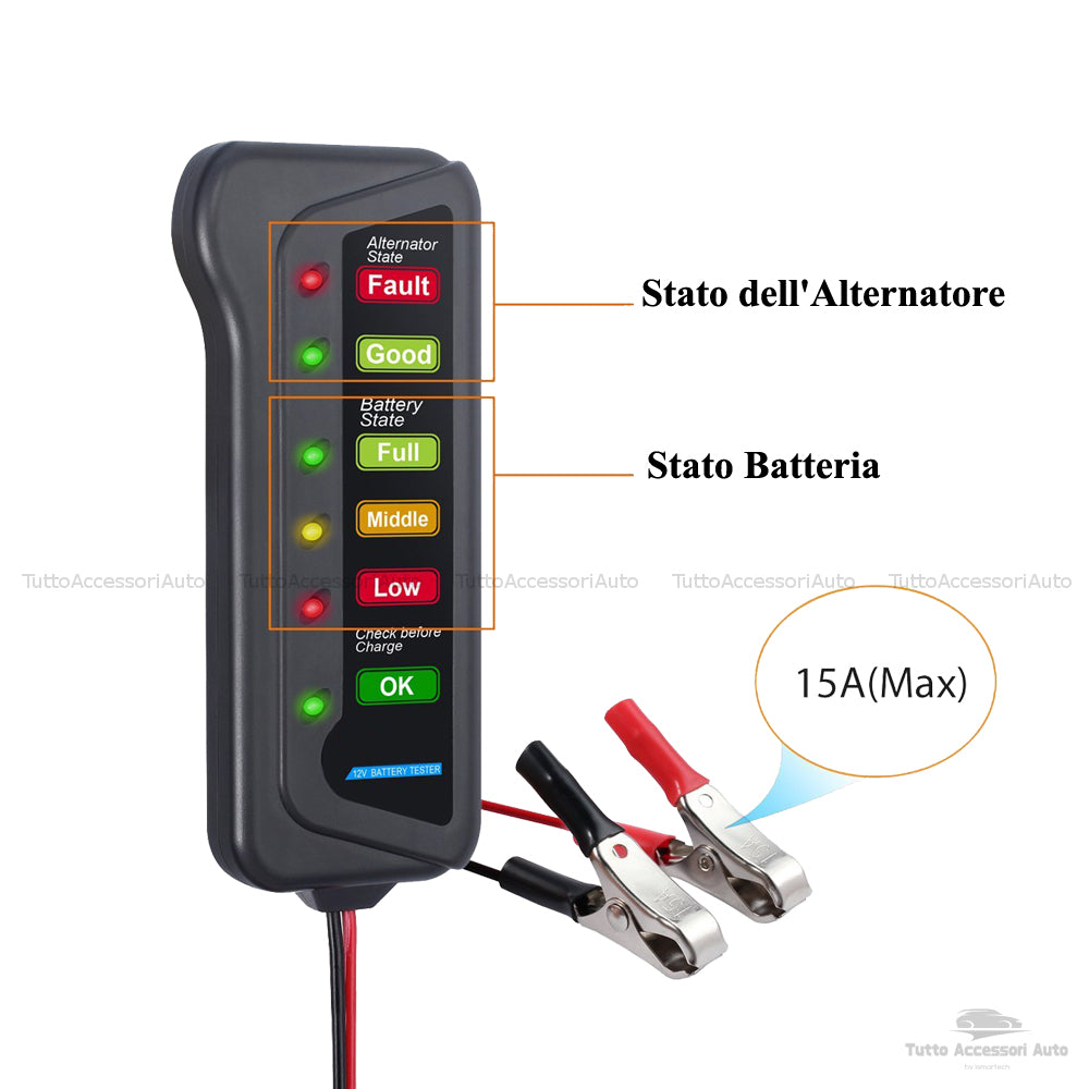 Tester per Batteria Auto Da12 V con Display 6 Luci Led e Alternatore Digitale Dispositivo Multi Funzione con Morsetti per Auto e Moto