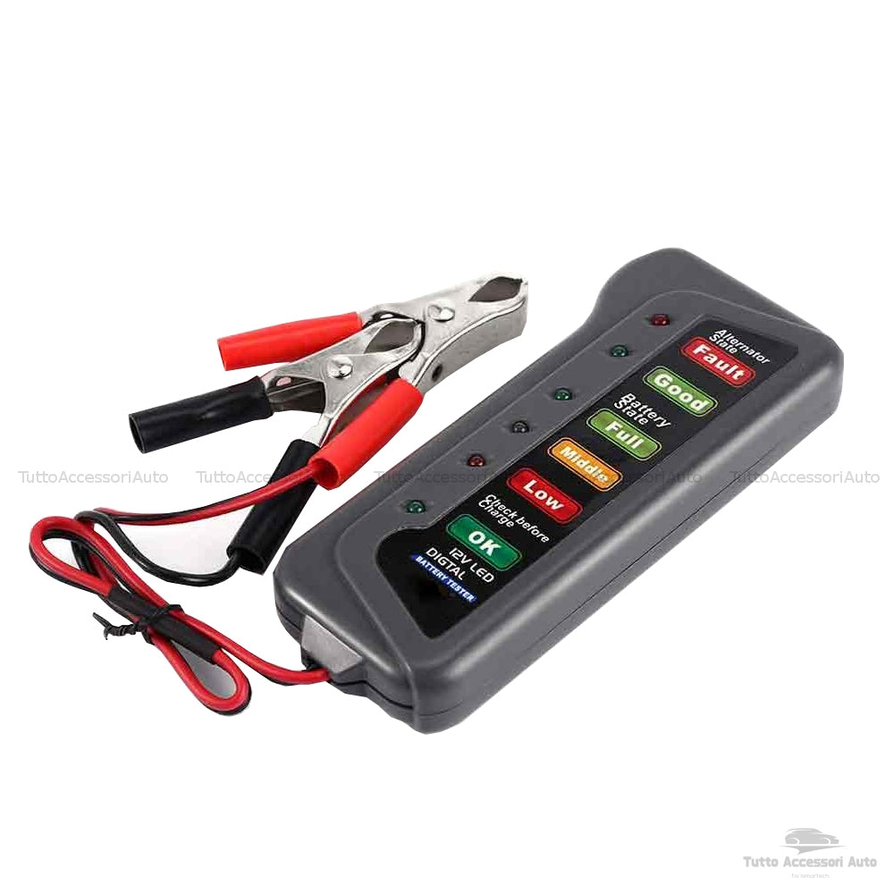 Tester per Batteria Auto Da12 V con Display 6 Luci Led e Alternatore Digitale Dispositivo Multi Funzione con Morsetti per Auto e Moto