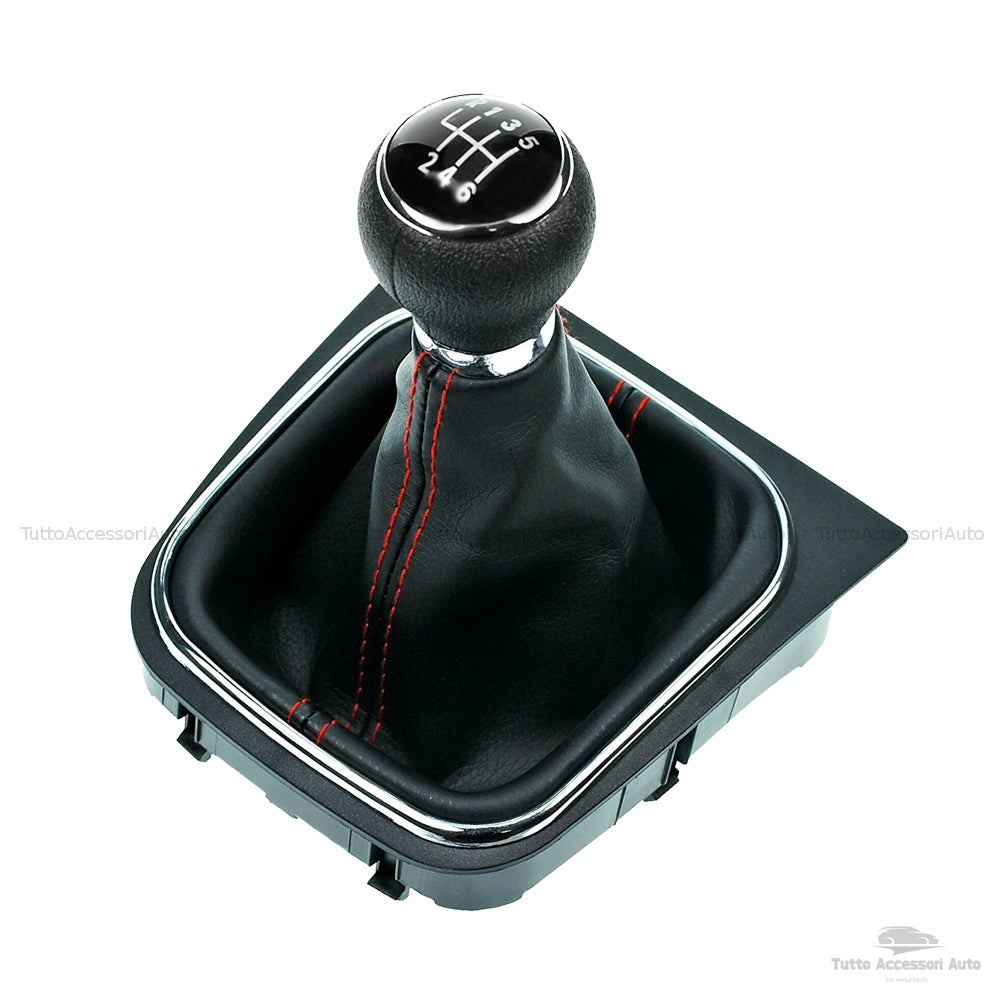Set Completo Pomello Leva Cambio Manuale 6 Marce + Cuffia Similpelle Cuciture Rosse + Telaio Ricambio Auto Nero Rifiniture Pomello Chrome