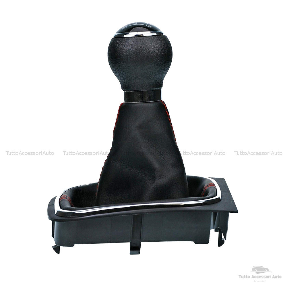 Set Completo Pomello Leva Cambio Manuale 6 Marce + Cuffia Similpelle Cuciture Rosse + Telaio Ricambio Auto Nero Rifiniture Pomello Chrome