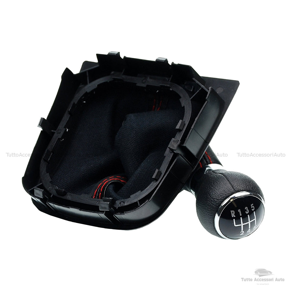 Set Completo Pomello Leva Cambio Manuale 6 Marce + Cuffia Similpelle Cuciture Rosse + Telaio Ricambio Auto Nero Rifiniture Pomello Chrome