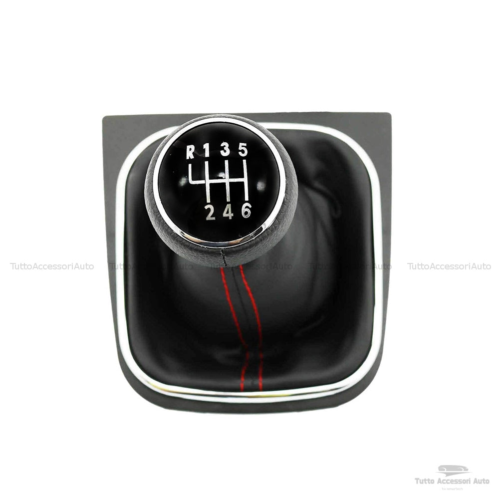 Set Completo Pomello Leva Cambio Manuale 6 Marce + Cuffia Similpelle Cuciture Rosse + Telaio Ricambio Auto Nero Rifiniture Pomello Chrome