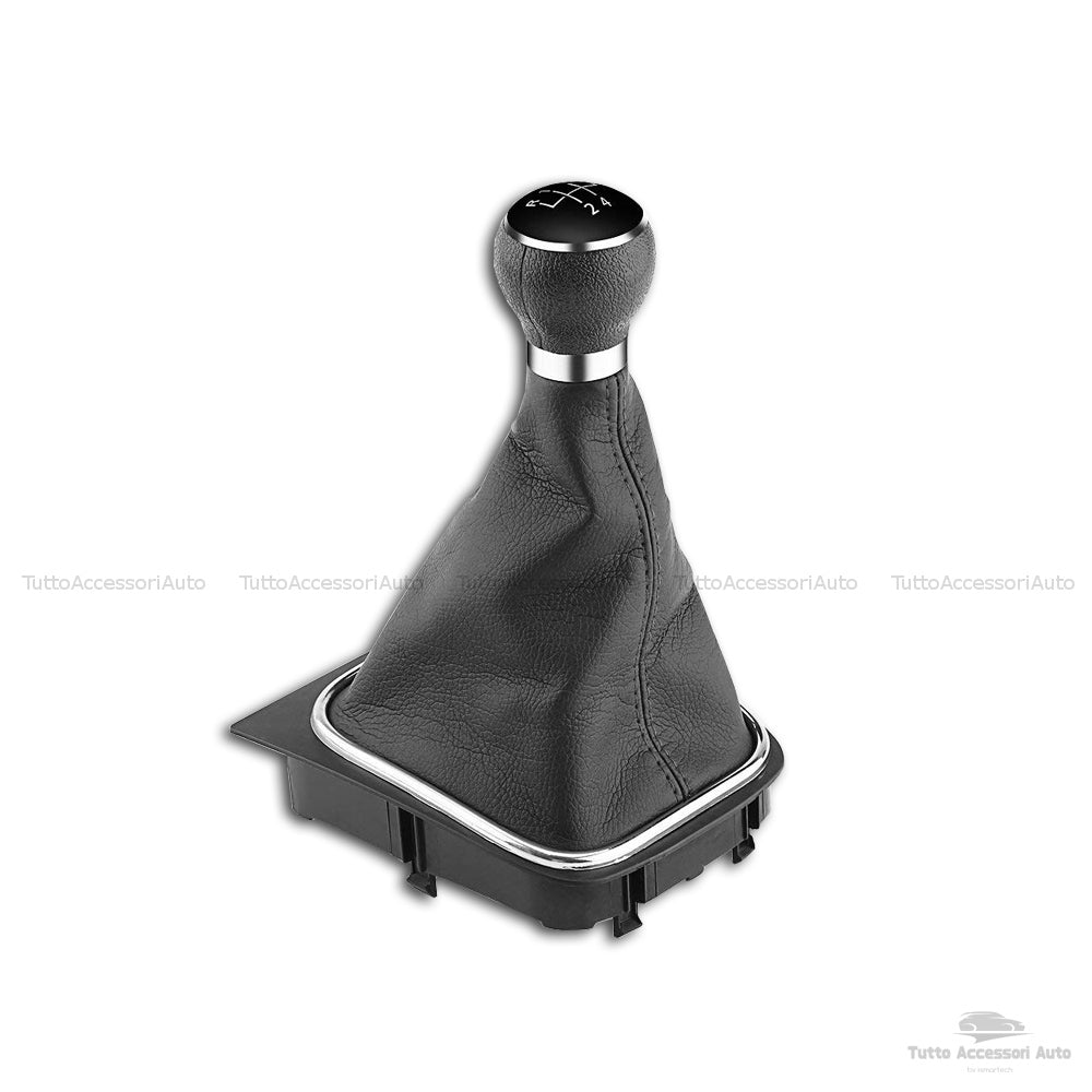 Set Completo Pomello Leva Cambio Manuale 5 Marce + Cuffia Similpelle Cuciture Nere + Telaio Ricambio Auto Nero Rifiniture Pomello Chrome