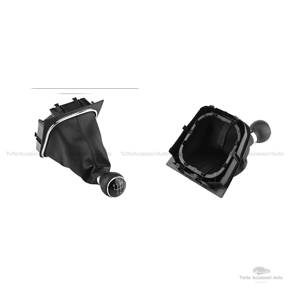 Set Completo Pomello Leva Cambio Manuale 5 Marce + Cuffia Similpelle Cuciture Nere + Telaio Ricambio Auto Nero Rifiniture Pomello Chrome