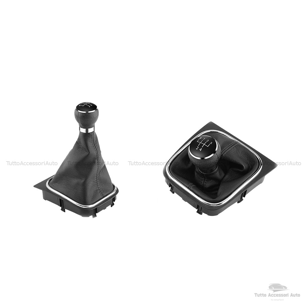 Set Completo Pomello Leva Cambio Manuale 5 Marce + Cuffia Similpelle Cuciture Nere + Telaio Ricambio Auto Nero Rifiniture Pomello Chrome